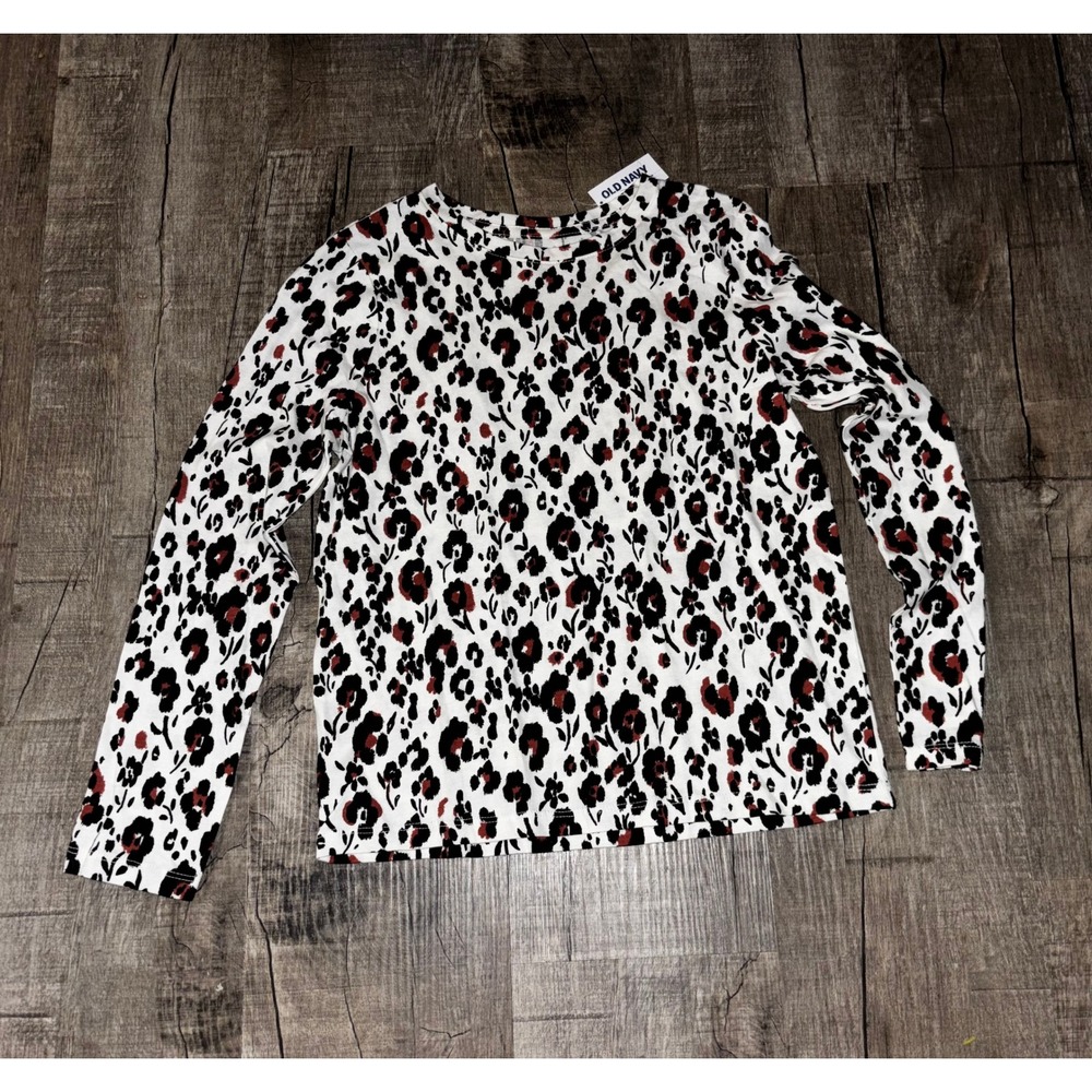 Old Navy Girls Long Sleeve Leopard Floral Print Crew Neck T White Black L 10/12